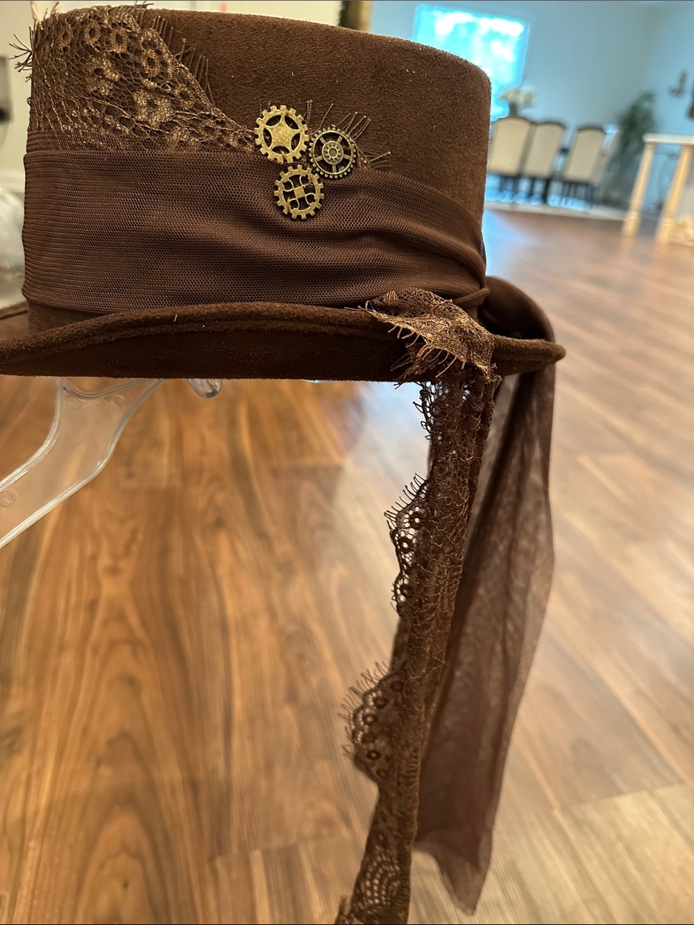 Brown Steampunk Velvet Top Hat with Lace & Gear Accents